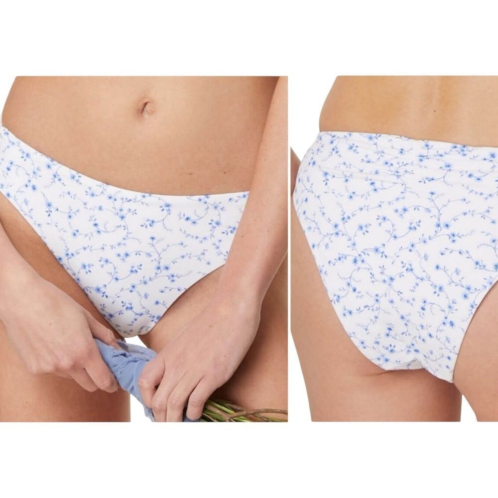 Andie Blue White Symi Ditsy Floral Print Bikini Bottom Sz L NWT